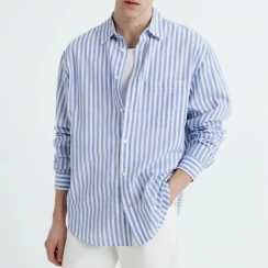 6 Pks Long Sleeve Round Hem Button Up Relaxed Stripe Cotton Linen Shirt
